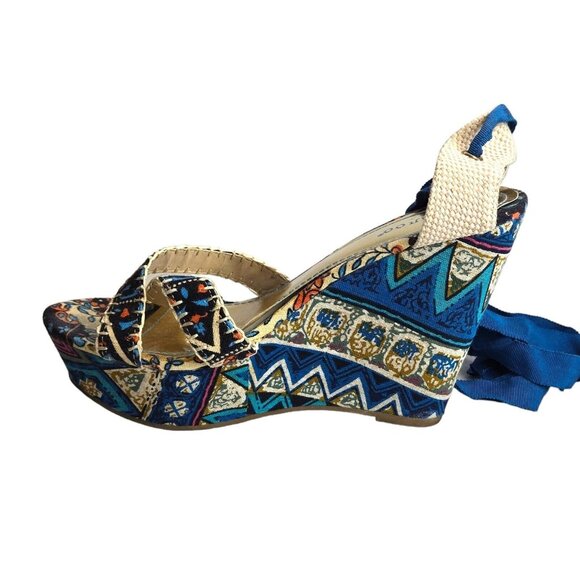 Bamboo Criss Cross Platform Wedge Sandals Ankle Wrap Blue Floral‎ Boho Sz 8 - Picture 1 of 12